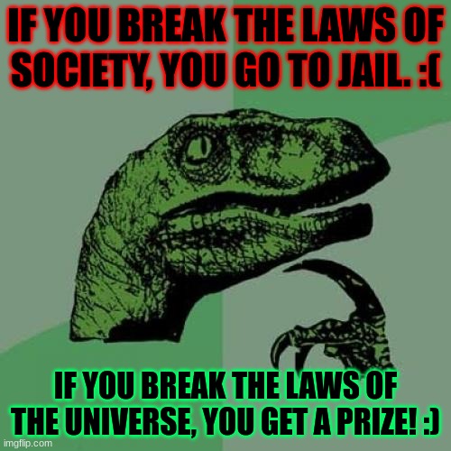 Philosoraptor Meme | IF YOU BREAK THE LAWS OF SOCIETY, YOU GO TO JAIL. :(; IF YOU BREAK THE LAWS OF THE UNIVERSE, YOU GET A PRIZE! :) | image tagged in memes,philosoraptor | made w/ Imgflip meme maker