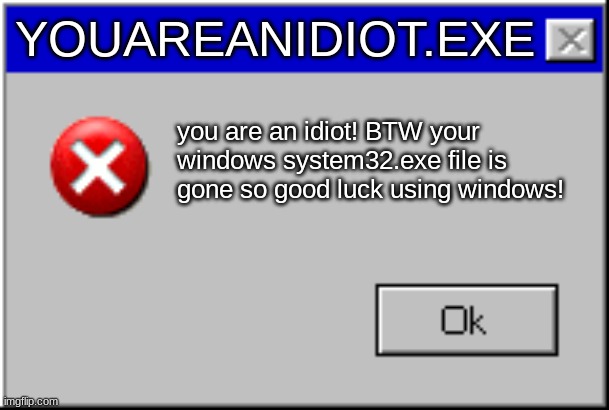Windows Error Message | YOUAREANIDIOT.EXE; you are an idiot! BTW your windows system32.exe file is gone so good luck using windows! | image tagged in windows error message | made w/ Imgflip meme maker