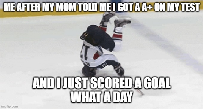 hockey | ME AFTER MY MOM TOLD ME I GOT A A+ ON MY TEST; AND I JUST SCORED A GOAL

WHAT A DAY | image tagged in hockey | made w/ Imgflip meme maker