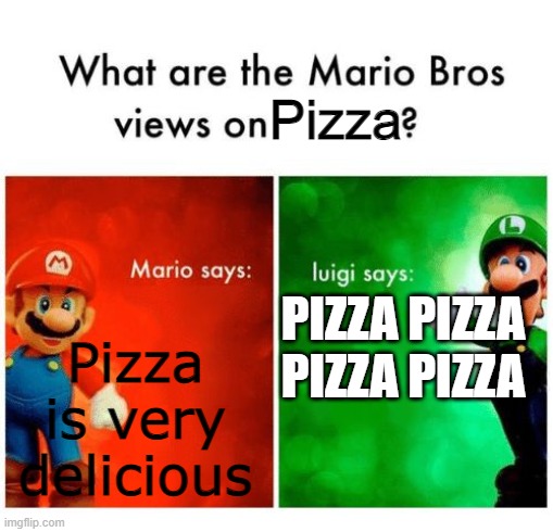 Mario says Luigi says | Pizza; Pizza is very delicious; PIZZA PIZZA PIZZA PIZZA | image tagged in mario says luigi says,pizza,fun,meme | made w/ Imgflip meme maker