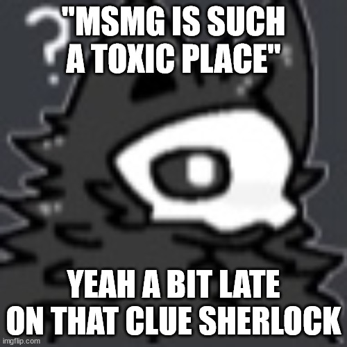 puro question mark | "MSMG IS SUCH A TOXIC PLACE"; YEAH A BIT LATE ON THAT CLUE SHERLOCK | image tagged in puro question mark | made w/ Imgflip meme maker