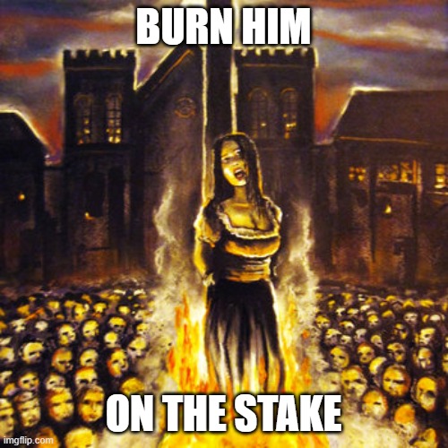 BURN HIM ON THE STAKE | image tagged in woman burned at stake | made w/ Imgflip meme maker