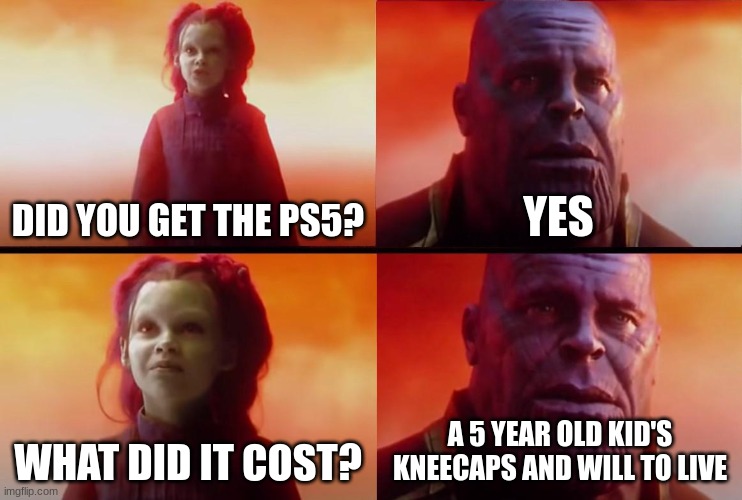 black friday in a nutshell | DID YOU GET THE PS5? YES; WHAT DID IT COST? A 5 YEAR OLD KID'S KNEECAPS AND WILL TO LIVE | image tagged in thanos what did it cost | made w/ Imgflip meme maker