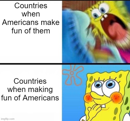 spongebob yelling | Countries when Americans make fun of them; Countries when making fun of Americans | image tagged in spongebob yelling | made w/ Imgflip meme maker