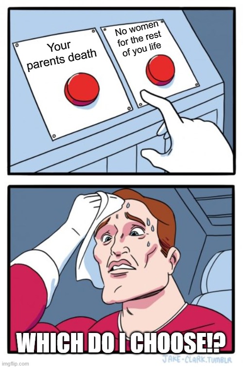 WHICH DO I CHOOSE!? | No women for the rest of you life; Your parents death; WHICH DO I CHOOSE!? | image tagged in memes,two buttons | made w/ Imgflip meme maker