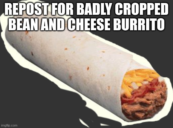 badly cropped bean and cheese burrito | REPOST FOR BADLY CROPPED BEAN AND CHEESE BURRITO | image tagged in badly cropped bean and cheese burrito | made w/ Imgflip meme maker