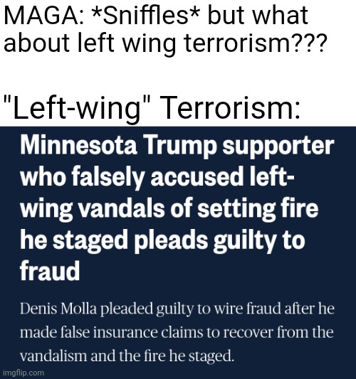 Lying is the one thing you idiots are supposed to be good at! | MAGA: *Sniffles* but what about left wing terrorism??? "Left-wing" Terrorism: | image tagged in scumbag republicans,terrorism,terrorists,white trash,conservative hypocrisy | made w/ Imgflip meme maker