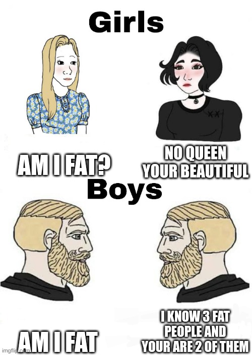 Great title here | AM I FAT? NO QUEEN YOUR BEAUTIFUL; I KNOW 3 FAT PEOPLE AND YOUR ARE 2 OF THEM; AM I FAT | image tagged in girls vs boys,fat lol,fat joke | made w/ Imgflip meme maker