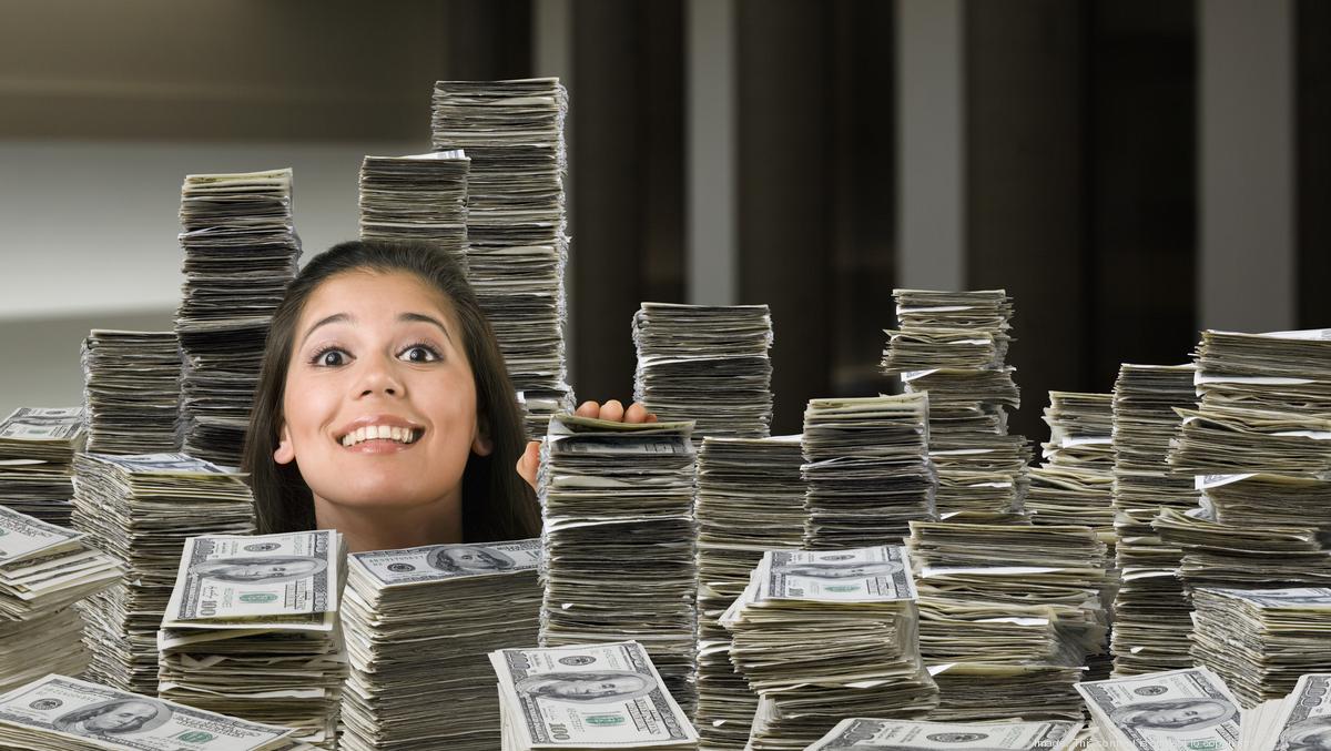 woman in piles of money Blank Meme Template