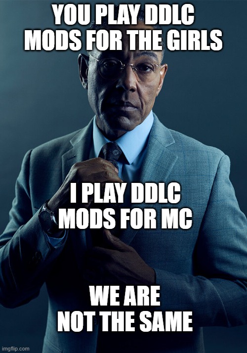 Gus Fring we are not the same | YOU PLAY DDLC MODS FOR THE GIRLS; I PLAY DDLC MODS FOR MC; WE ARE NOT THE SAME | image tagged in gus fring we are not the same | made w/ Imgflip meme maker