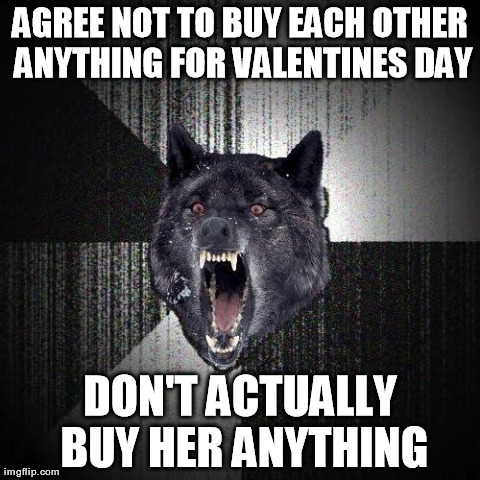 Insanity Wolf | AGREE NOT TO BUY EACH OTHER ANYTHING FOR VALENTINES DAY DON'T ACTUALLY BUY HER ANYTHING | image tagged in memes,insanity wolf,AdviceAnimals | made w/ Imgflip meme maker