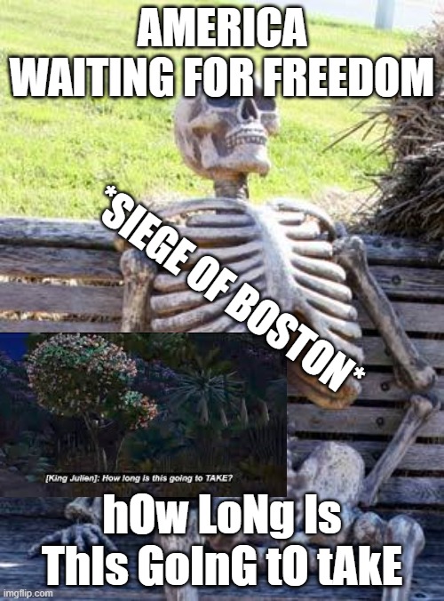 The people that know, know, the people that dont, dont. | AMERICA WAITING FOR FREEDOM; *SIEGE OF BOSTON*; hOw LoNg Is ThIs GoInG tO tAkE | image tagged in memes,waiting skeleton | made w/ Imgflip meme maker