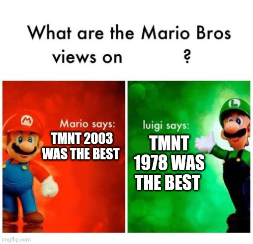 Gross disgusting which TMNT cartoon was the best | TMNT 2003 WAS THE BEST; TMNT 1978 WAS THE BEST | image tagged in mario says luigi says | made w/ Imgflip meme maker