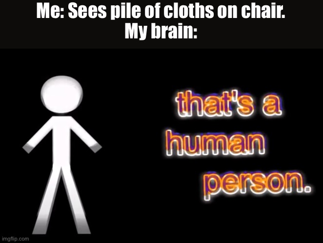 Human Person | Me: Sees pile of cloths on chair.
My brain: | image tagged in human person | made w/ Imgflip meme maker