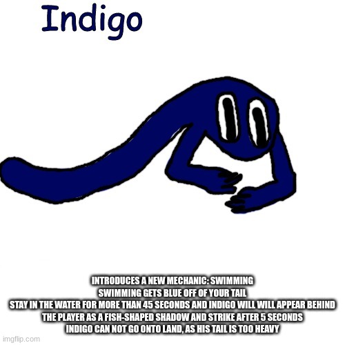 Indigo | INTRODUCES A NEW MECHANIC: SWIMMING
SWIMMING GETS BLUE OFF OF YOUR TAIL
STAY IN THE WATER FOR MORE THAN 45 SECONDS AND INDIGO WILL WILL APPEAR BEHIND THE PLAYER AS A FISH-SHAPED SHADOW AND STRIKE AFTER 5 SECONDS
INDIGO CAN NOT GO ONTO LAND, AS HIS TAIL IS TOO HEAVY | image tagged in indigo | made w/ Imgflip meme maker