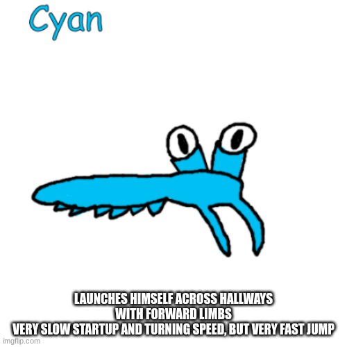 Cyan | LAUNCHES HIMSELF ACROSS HALLWAYS WITH FORWARD LIMBS
VERY SLOW STARTUP AND TURNING SPEED, BUT VERY FAST JUMP | image tagged in cyan | made w/ Imgflip meme maker