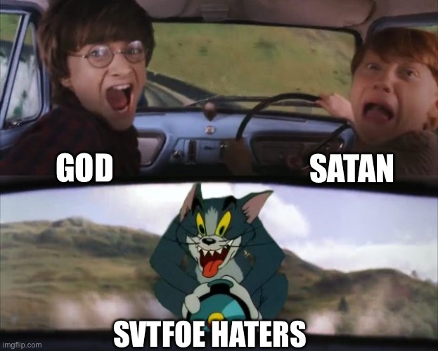 AAAAAAAAAAAAAAAAAAAAAAAAAAAAAAAAAAAAAAYYYYYYYOOOOO | SATAN; GOD; SVTFOE HATERS | image tagged in tom chasing harry and ron weasly,memes,svtfoe,star vs the forces of evil,god,satan | made w/ Imgflip meme maker