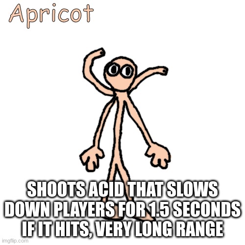 Apricot | SHOOTS ACID THAT SLOWS DOWN PLAYERS FOR 1.5 SECONDS IF IT HITS, VERY LONG RANGE | image tagged in apricot | made w/ Imgflip meme maker