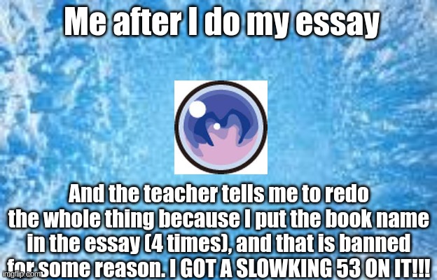 I AM SO PISSED. | Me after I do my essay; And the teacher tells me to redo the whole thing because I put the book name in the essay (4 times), and that is banned for some reason. I GOT A SLOWKING 53 ON IT!!! | image tagged in nobody cares | made w/ Imgflip meme maker