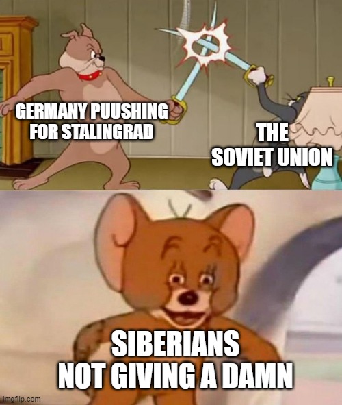 title goes here | GERMANY PUUSHING FOR STALINGRAD; THE SOVIET UNION; SIBERIANS NOT GIVING A DAMN | image tagged in tom and jerry swordfight | made w/ Imgflip meme maker
