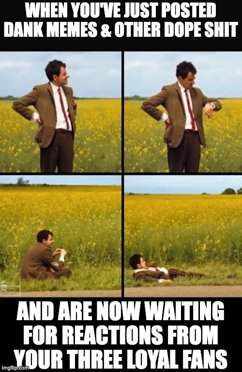 dank memes & other dope shit | WHEN YOU'VE JUST POSTED DANK MEMES & OTHER DOPE SHIT; AND ARE NOW WAITING FOR REACTIONS FROM YOUR THREE LOYAL FANS | image tagged in mr bean waiting,loyal fans,danke memes | made w/ Imgflip meme maker