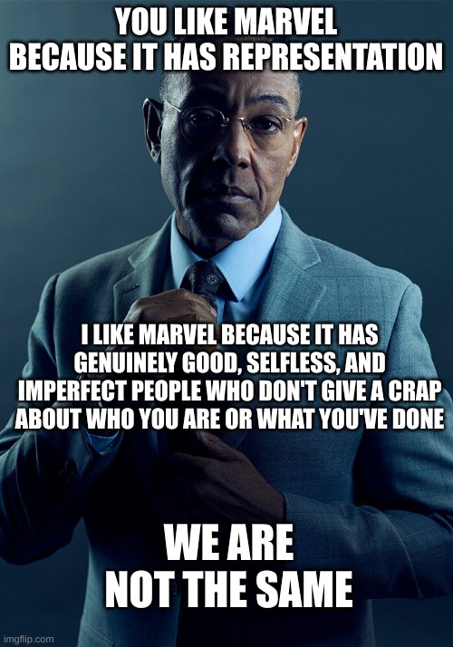 Gus Fring we are not the same | YOU LIKE MARVEL BECAUSE IT HAS REPRESENTATION; I LIKE MARVEL BECAUSE IT HAS GENUINELY GOOD, SELFLESS, AND IMPERFECT PEOPLE WHO DON'T GIVE A CRAP ABOUT WHO YOU ARE OR WHAT YOU'VE DONE; WE ARE NOT THE SAME | image tagged in gus fring we are not the same | made w/ Imgflip meme maker