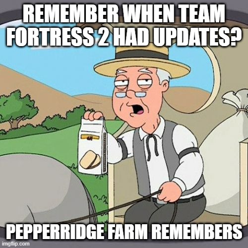 Pepperidge Farm Remembers Meme | REMEMBER WHEN TEAM FORTRESS 2 HAD UPDATES? PEPPERRIDGE FARM REMEMBERS | image tagged in memes,pepperidge farm remembers | made w/ Imgflip meme maker