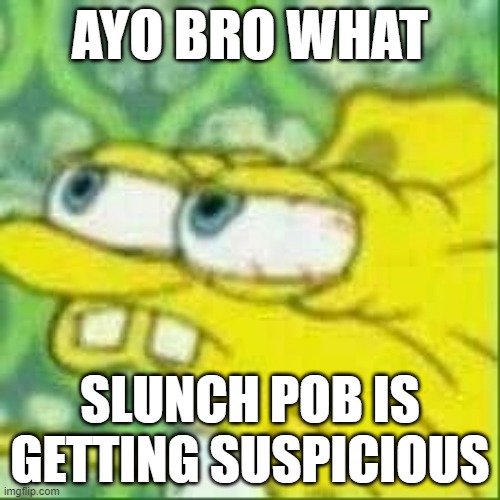 splunch pob | AYO BRO WHAT; SLUNCH POB IS GETTING SUSPICIOUS | image tagged in spongebob | made w/ Imgflip meme maker