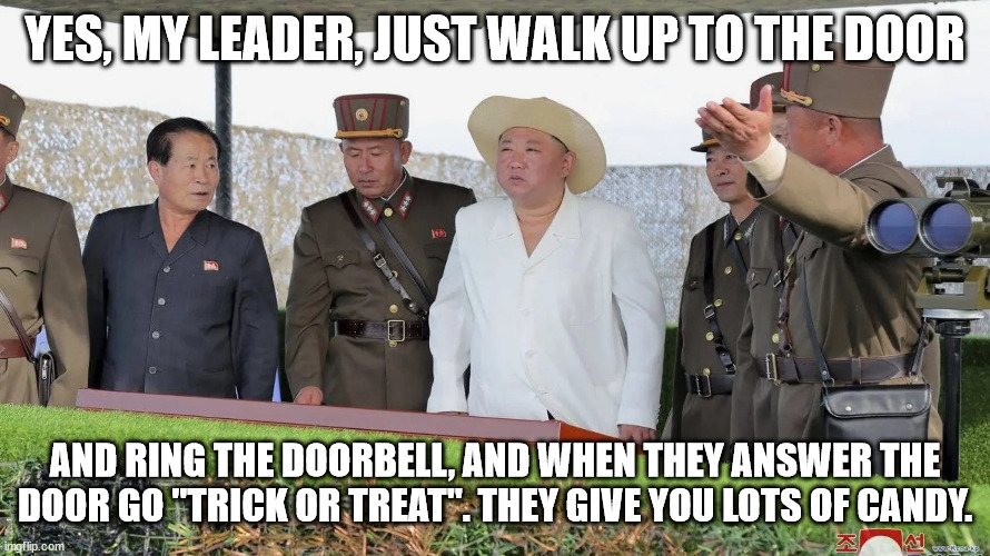 Kim | YES, MY LEADER, JUST WALK UP TO THE DOOR; AND RING THE DOORBELL, AND WHEN THEY ANSWER THE DOOR GO "TRICK OR TREAT". THEY GIVE YOU LOTS OF CANDY. | made w/ Imgflip meme maker