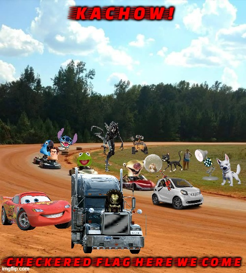 disney all stars racing transformed | KACHOW! CHECKERED FLAG HERE WE COME | image tagged in race track,disney,pixar,20th century fox,movies,wreck it ralph | made w/ Imgflip meme maker