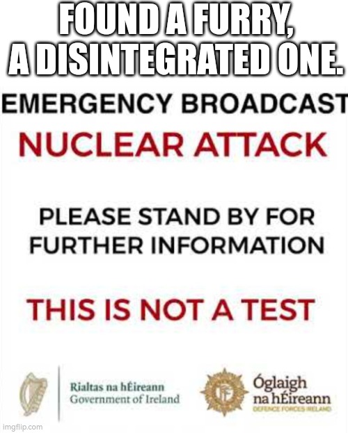 Accidentally posted this on the furries stream.. | FOUND A FURRY, A DISINTEGRATED ONE. | image tagged in anti furry,ireland,nuke,nuclear explosion | made w/ Imgflip meme maker