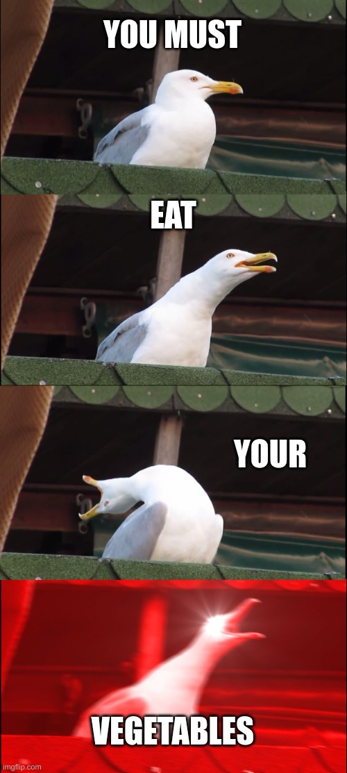 eat... our vegetables | YOU MUST; EAT; YOUR; VEGETABLES | image tagged in memes,inhaling seagull | made w/ Imgflip meme maker