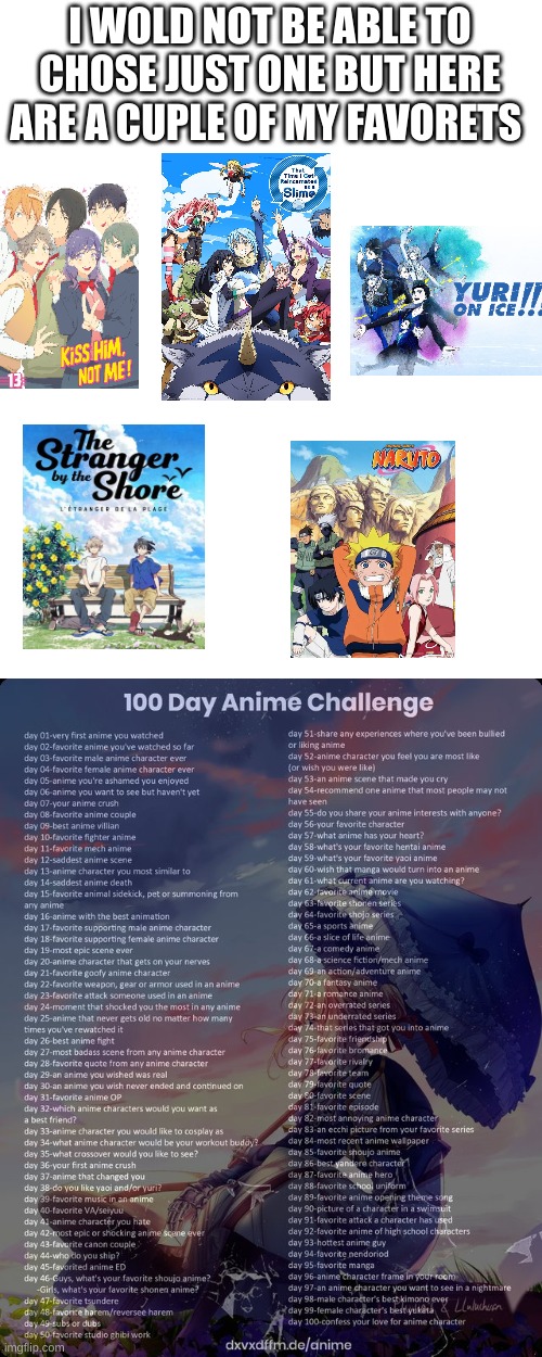 day 2 | image tagged in 100 day anime challenge,kiss him not me,naruto,stranger by the shore,yuri on ice,anime | made w/ Imgflip meme maker