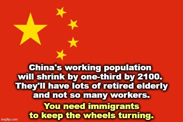 The end of cheap Chinese labor? | China's working population 
will shrink by one-third by 2100. 
They'll have lots of retired elderly
and not so many workers. You need immigrants to keep the wheels turning. | image tagged in china flag,population,elderly,workers,china | made w/ Imgflip meme maker