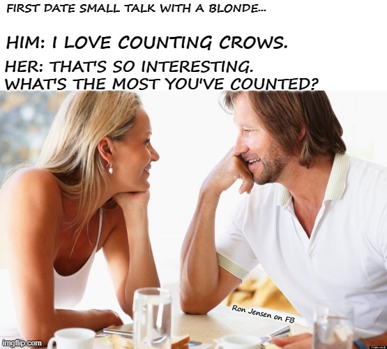 First Date | FIRST DATE SMALL TALK WITH A BLONDE... HIM: I LOVE COUNTING CROWS. HER: THAT'S SO INTERESTING. WHAT'S THE MOST YOU'VE COUNTED? Ron Jensen on FB | image tagged in dating,first date,date,dumb blonde,blondes,blonde pun | made w/ Imgflip meme maker