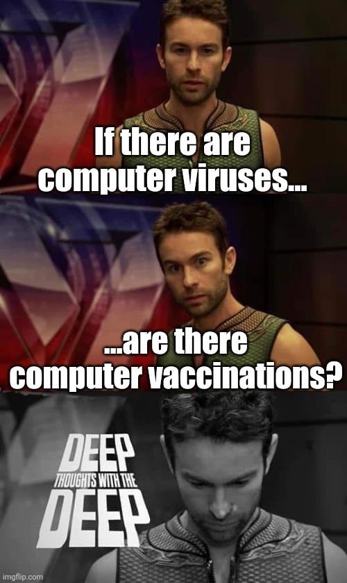 I think computer vaccinations would be weak viruses that teach security app AI extensions what files are dangerous. | If there are computer viruses... ...are there computer vaccinations? | image tagged in deep thoughts with the deep | made w/ Imgflip meme maker