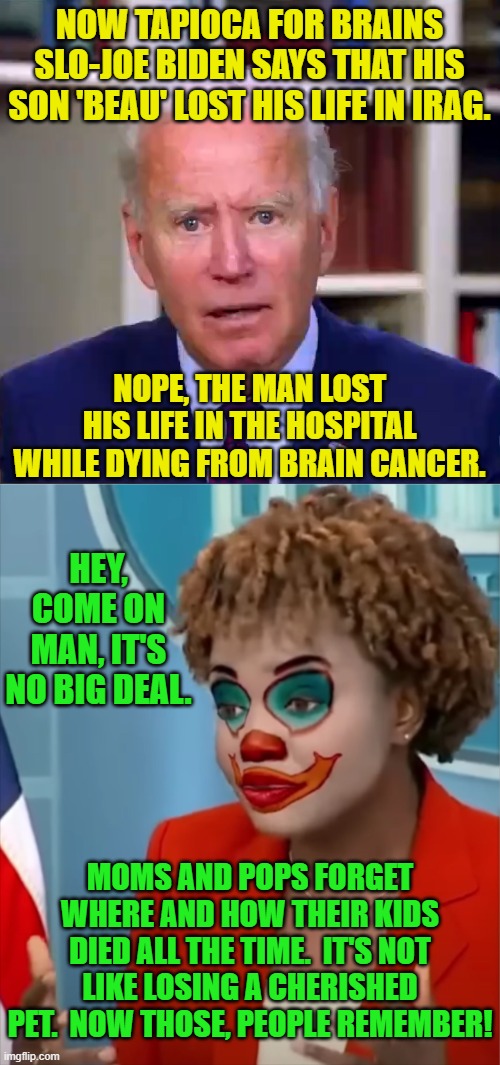Even the average leftist loyal journalist has got to be tired of spinning and covering for Joe at this point. | NOW TAPIOCA FOR BRAINS SLO-JOE BIDEN SAYS THAT HIS SON 'BEAU' LOST HIS LIFE IN IRAG. NOPE, THE MAN LOST HIS LIFE IN THE HOSPITAL WHILE DYING FROM BRAIN CANCER. HEY, COME ON MAN, IT'S NO BIG DEAL. MOMS AND POPS FORGET WHERE AND HOW THEIR KIDS DIED ALL THE TIME.  IT'S NOT LIKE LOSING A CHERISHED PET.  NOW THOSE, PEOPLE REMEMBER! | image tagged in slow joe biden dementia face | made w/ Imgflip meme maker