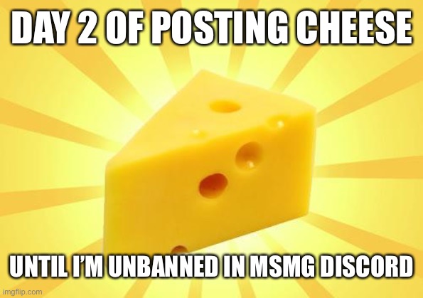 Cheese Time | DAY 2 OF POSTING CHEESE; UNTIL I’M UNBANNED IN MSMG DISCORD | image tagged in cheese time | made w/ Imgflip meme maker