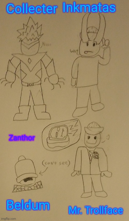 Eggyhead trying on other peoples outfits | Inkmatas; Collecter; Zanthor; Beldum; Mr. Trollface | image tagged in egg | made w/ Imgflip meme maker