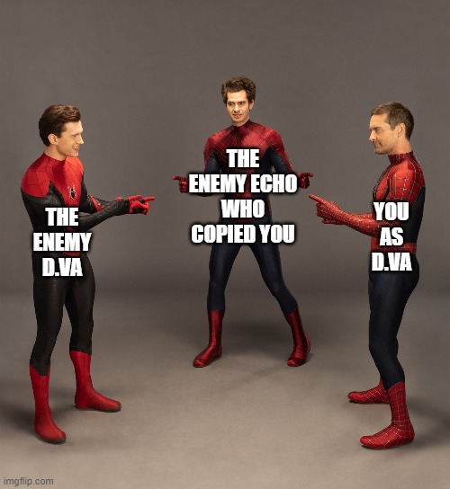 Overwatch Echo/D.VA Meme with Spidermen | THE ENEMY ECHO WHO COPIED YOU; YOU AS D.VA; THE ENEMY D.VA | image tagged in overwatch memes | made w/ Imgflip meme maker