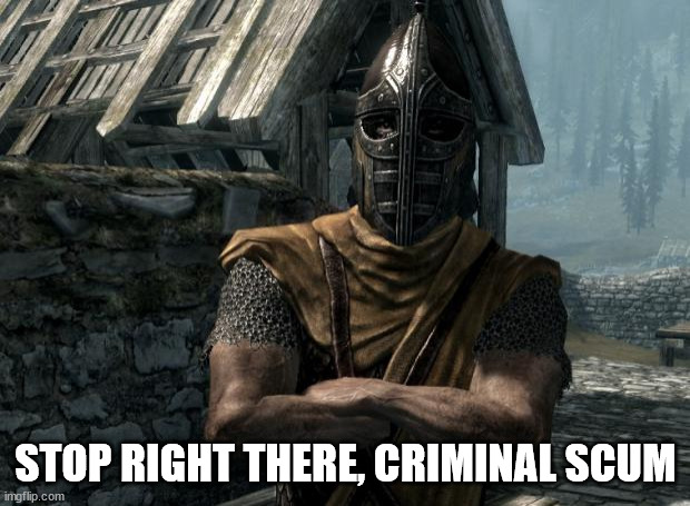 Skyrim guards be like | STOP RIGHT THERE, CRIMINAL SCUM | image tagged in skyrim guards be like | made w/ Imgflip meme maker