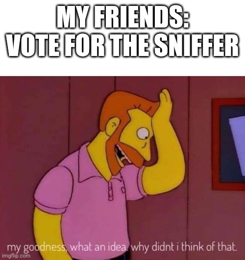 my goodness what an idea why didn't I think of that | MY FRIENDS: VOTE FOR THE SNIFFER | image tagged in my goodness what an idea why didn't i think of that | made w/ Imgflip meme maker
