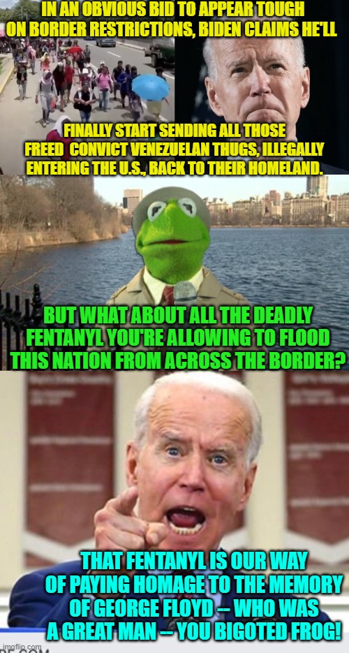 Ah . . . now it all makes sense . . . leftist sense; but still sense is sense. | IN AN OBVIOUS BID TO APPEAR TOUGH ON BORDER RESTRICTIONS, BIDEN CLAIMS HE'LL; FINALLY START SENDING ALL THOSE FREED  CONVICT VENEZUELAN THUGS, ILLEGALLY ENTERING THE U.S., BACK TO THEIR HOMELAND. BUT WHAT ABOUT ALL THE DEADLY FENTANYL YOU'RE ALLOWING TO FLOOD THIS NATION FROM ACROSS THE BORDER? THAT FENTANYL IS OUR WAY OF PAYING HOMAGE TO THE MEMORY OF GEORGE FLOYD -- WHO WAS A GREAT MAN -- YOU BIGOTED FROG! | image tagged in reality | made w/ Imgflip meme maker