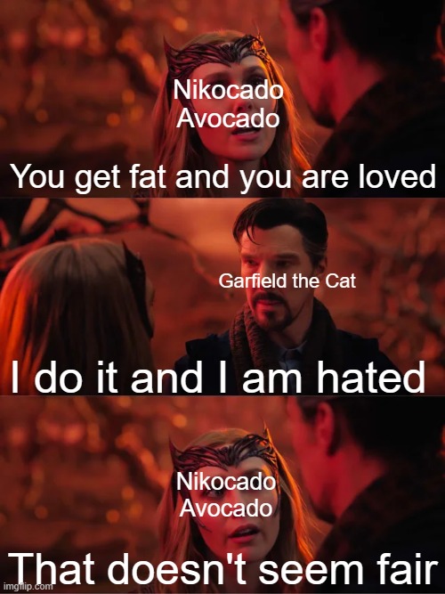 Nikocado Avocado vs Garfield | Nikocado Avocado; You get fat and you are loved; Garfield the Cat; I do it and I am hated; Nikocado Avocado; That doesn't seem fair | image tagged in that doesn't seem fair | made w/ Imgflip meme maker