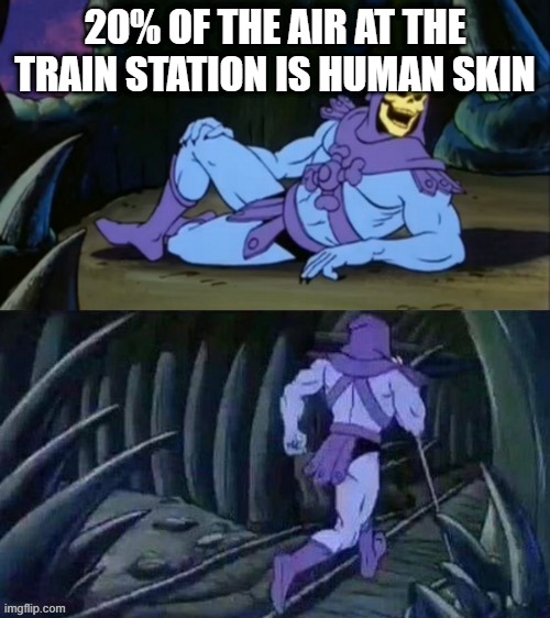 Skeletor disturbing facts | 20% OF THE AIR AT THE TRAIN STATION IS HUMAN SKIN | image tagged in skeletor disturbing facts | made w/ Imgflip meme maker