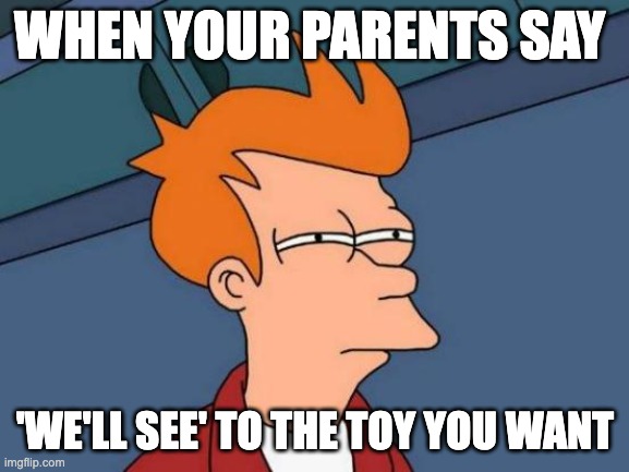 hopefully... | WHEN YOUR PARENTS SAY; 'WE'LL SEE' TO THE TOY YOU WANT | image tagged in memes,futurama fry | made w/ Imgflip meme maker