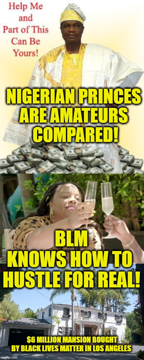 Nigerian Princes |  NIGERIAN PRINCES
ARE AMATEURS
 COMPARED! BLM
KNOWS HOW TO 
HUSTLE FOR REAL! $6 MILLION MANSION BOUGHT
BY BLACK LIVES MATTER IN LOS ANGELES | image tagged in blm | made w/ Imgflip meme maker