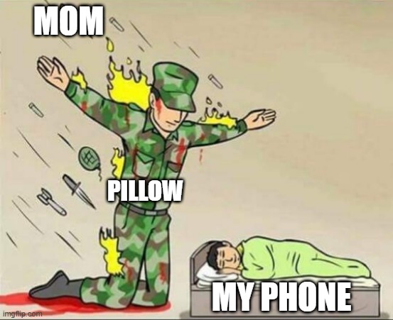 tru | MOM; PILLOW; MY PHONE | image tagged in soldier protecting sleeping child | made w/ Imgflip meme maker