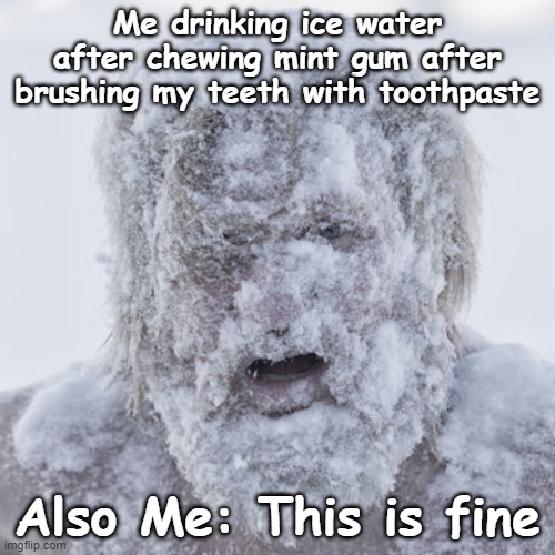 Its True And Relatable!! | Me drinking ice water after chewing mint gum after brushing my teeth with toothpaste; Also Me: This is fine | image tagged in freezing cold,fun,relatable,funny,frozen,stone cold | made w/ Imgflip meme maker