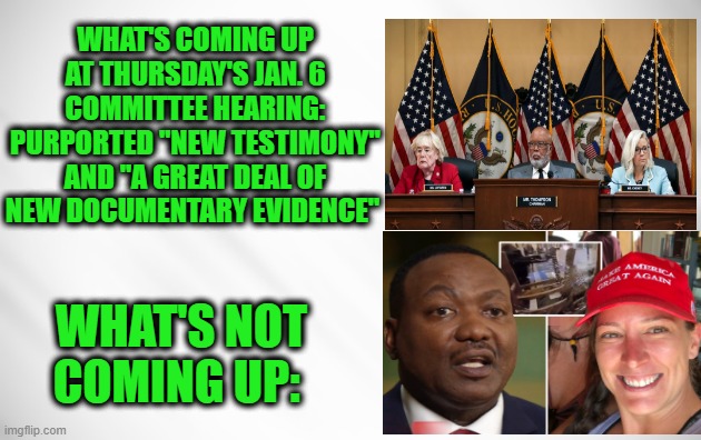 Jan. 6 Committee Holds Another Rigged Hearing | WHAT'S COMING UP AT THURSDAY'S JAN. 6 COMMITTEE HEARING: PURPORTED "NEW TESTIMONY" AND "A GREAT DEAL OF NEW DOCUMENTARY EVIDENCE"; WHAT'S NOT COMING UP: | image tagged in jan 6 committee,hearing,ashli babbitt,michael byrd | made w/ Imgflip meme maker